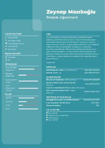 Felsefe Öğretmeni CV Örnekleri cv indir